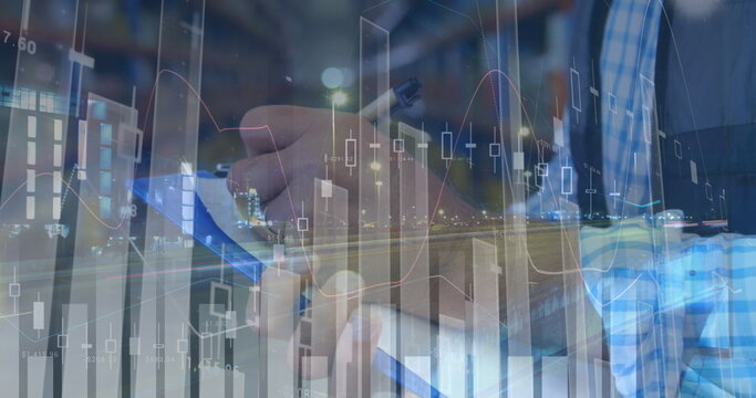 Image of data processing and traffic over man writing, working in warehouse shipping centre - Powered by Adobe