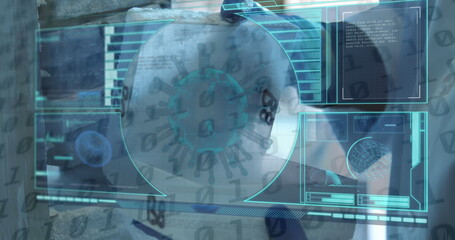 Image of covid 19 cell, medical data processing and scope scanning over scientist in laboratory