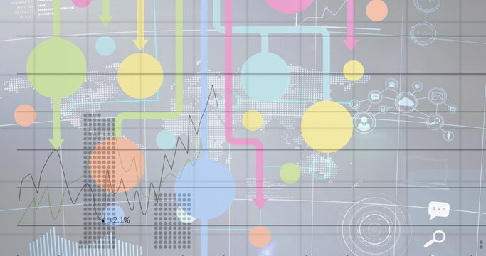 Image of network of connections, digital icons over world map on grey background