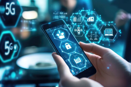 Mobile device with 5G connectivity and security features overlaid - Powered by Adobe