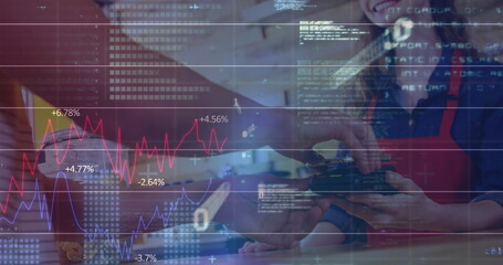 Image of financial data processing over client in shop paying using phone with payment terminal