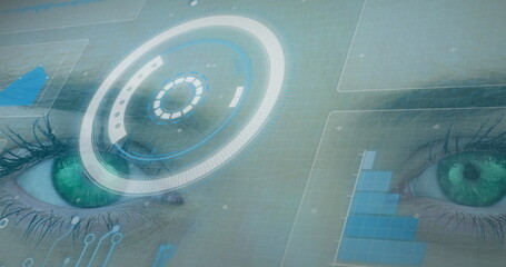 Image of scope scanning and data processing on screens over woman's face