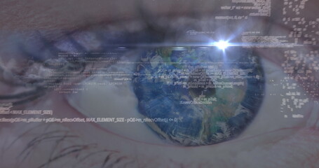 Image of data processing with clouds over woman's eye