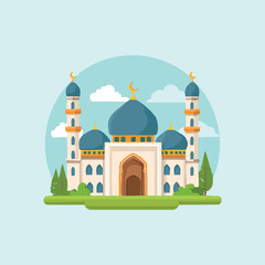 Beautiful Mosque Illustration in Flat Design with Blue Domes and Minarets