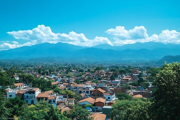 Fototapeta premium Scenic view of a town nestled beneath mountains with clouds