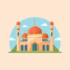 Beautiful Illustration of a Mosque with Domes and Minarets Under a Cloudy Sky