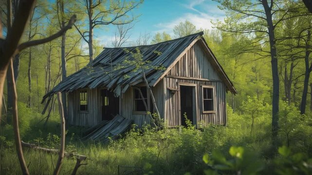 An abandoned wooden house lost among the trees in the forest. Theme of decay and desolation. Area of dying settlements. Woodland watchtower.