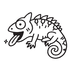 A striking black and white line drawing of a happy chameleon with its tongue extended.