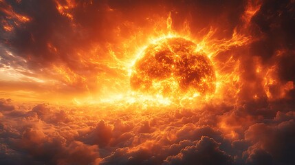 Intense burning sun over horizon line high resolution picture