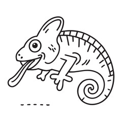 A striking black and white line drawing of a happy chameleon with its tongue extended.