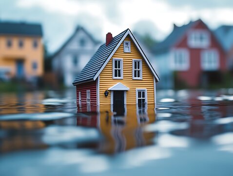 A model house is surrounded by water creating a flooded landscape