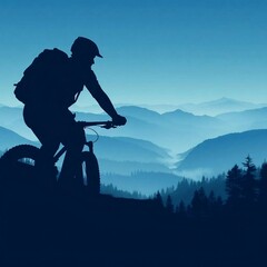 Mountain bike rider silhouette in misty mountains