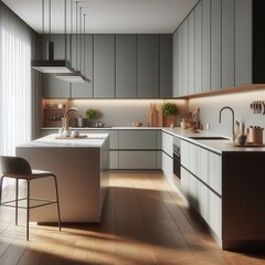 Modern kitchen design featuring sleek cabinetry, an island, and natural light, perfect for interior design projects and real estate showcases.