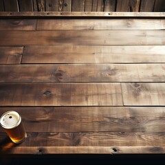 A glass of light beer sits on a rustic wooden table. The wood grain is prominent, and the lighting emphasizes the texture.  Plenty of copy space