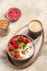 yogurt with granola, oatmeal, raspberries, mint, breakfast, Easter