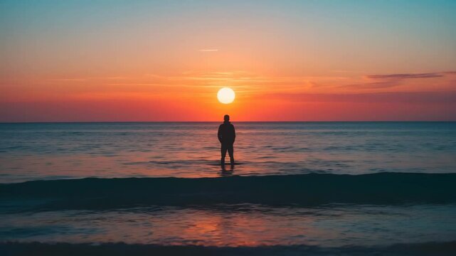 As the sun dips below the horizon, the sky transforms into a canvas of vibrant colors. The ocean reflects this stunning display, shimmering like molten gold.