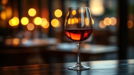 Wine glass filled with red wine on a bar top