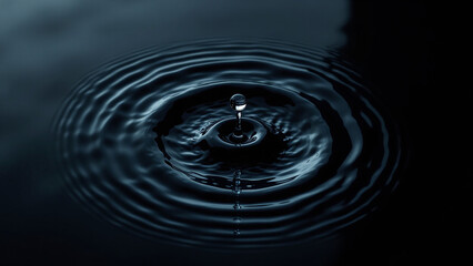 top view of water ripple, a drop of water on black background, flat lay photography.
