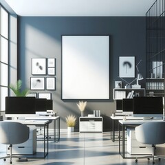 Modern office interior featuring sleek desks, computers, and minimalistic decor. Ideal for corporate, design, or creative workspace concepts.