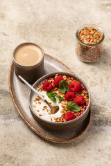 yogurt with granola, oatmeal, raspberries, mint, breakfast, Easter