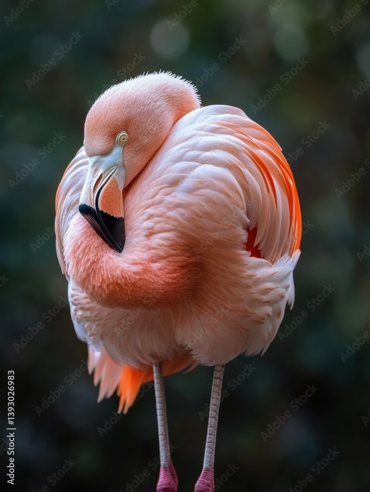 Poster elegant flamingo gracefully standing on one leg with curled head during twilight hours in a serene h
