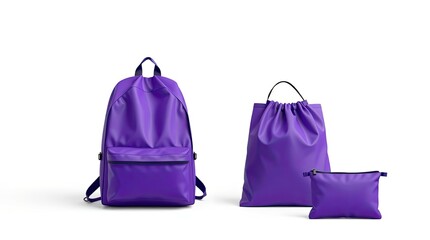 Three purple bags are displayed against a white background