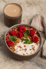yogurt with granola, oatmeal, raspberries, mint, breakfast, Easter