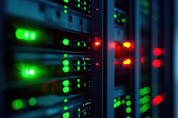 Obraz premium Server rack in a data center with glowing lights