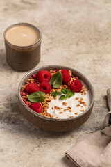 yogurt with granola, oatmeal, raspberries, mint, breakfast, Easter