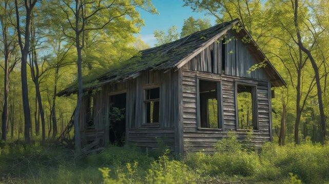 An abandoned wooden house in the forest, surrounded by trees. A representation of desolation and decay. Area of forsaken villages. Forest outpost.