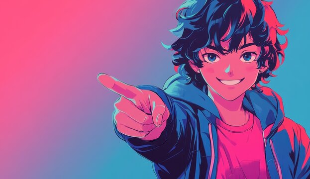 Smiling anime boy with one hand pointing to the viewer, pink and blue colors