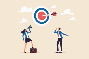 Effective communication for team success and achieve goal, meeting or discussion to speak the same goal, communicate important purpose concept, business people speak on megaphone the same target.