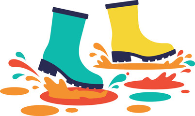 Colorful rubber boots splashing in puddles during a rainy day in flat vector art