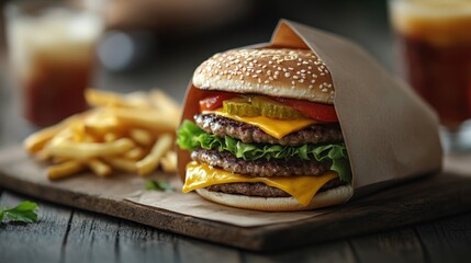 Delicious Triple Burger with Fries and Cold Beverage