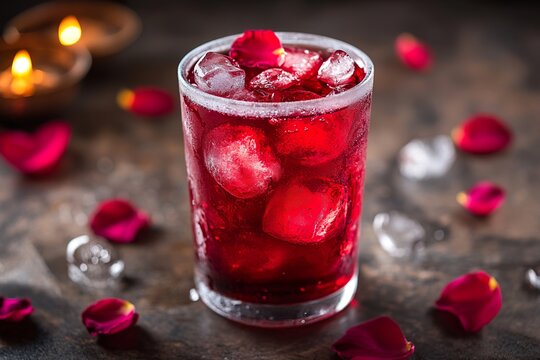 Chilled Rooh Afza in a frosted glass with floating rose petals and ice cubes, deep red hue glowing under soft lighting.