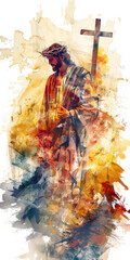 Obraz premium Life of Jesus Christ,depicted in a watercolor style. AI generative.
