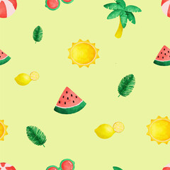 seamless pattern summer motifs, sun, watermelons and palm trees on a light background