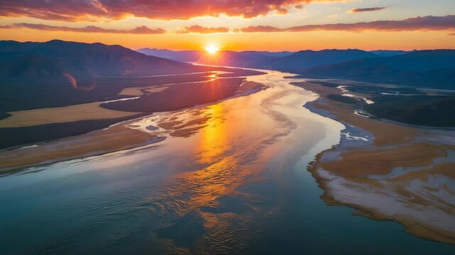 Westward aerial perspective of the river, mountains, and wilderness. Lively sunset mirrored on the expansive river, observed from above.