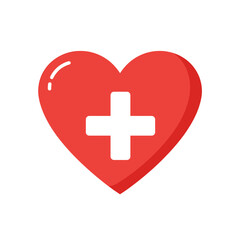 Obraz premium Red Heart Symbol with Plus Sign: A bold, red heart featuring a prominent white plus sign, symbolizing care, health, and medical aid, against a clean backdrop.