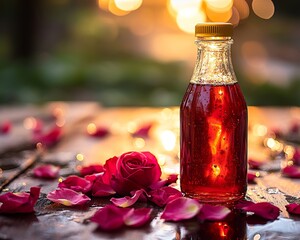 Bottled Rooh Afza with fresh rose petals scattered around, reflecting golden sunset lighting.