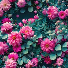 Fototapeta premium Pink Flowers Seamless Pattern Background. Floral texture with pink bloom, green leaves. Spring pattern for wallpaper or fabric, textile.