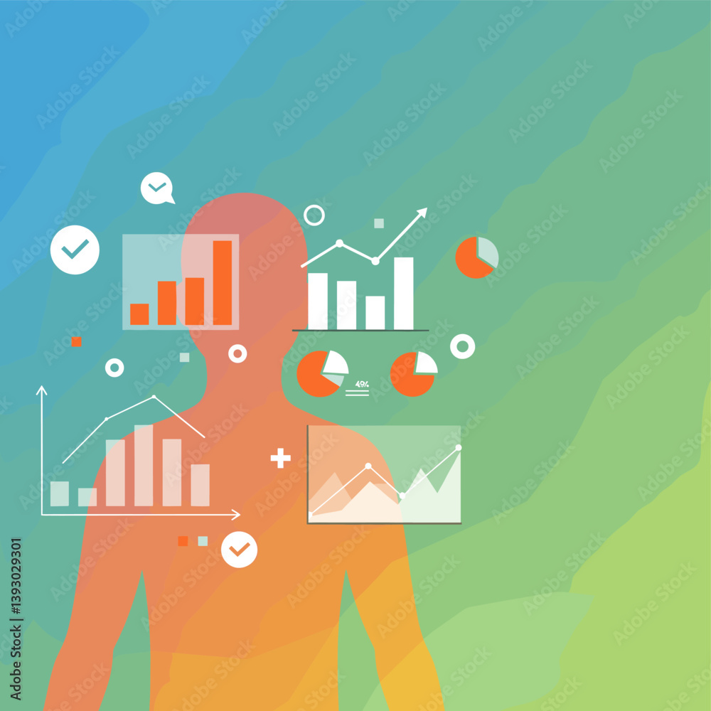 Poster data analysis visualization: an illustrative representation of human figures integrating charts, gra