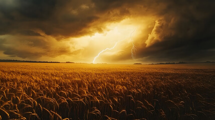 Dramatic landscape: A wheat field glows under a stormy sky, illuminated by lightning. Golden crops contrast with the dark, ominous clouds above.