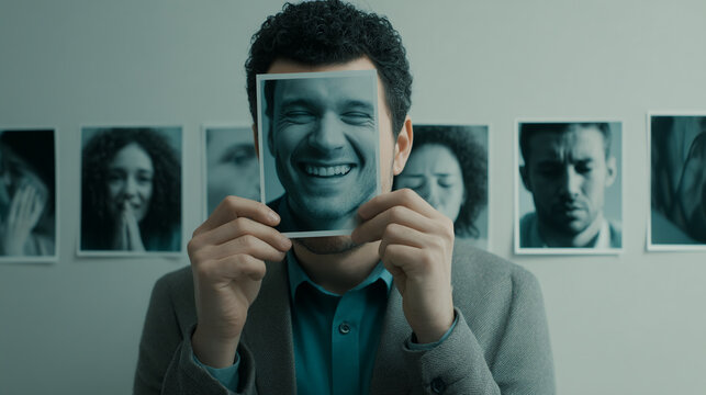 Man holding smiling photo, hiding his face, against backdrop of various emotional expressions, showcasing concept of masking true feelings or social pressure