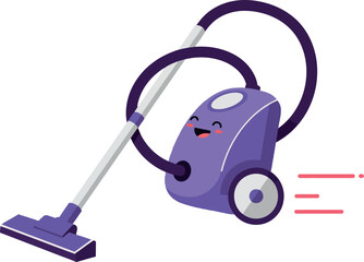 A cheerful purple vacuum cleaner in a flat, minimal design performing cleaning tasks with a lively expression, vector art