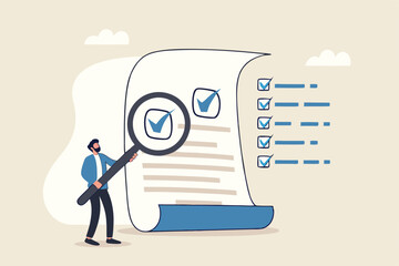 Inspect or review document, report or legal audit, quality assurance, search for document, information or research, investigate, proof or checking concept, businessman with magnifier inspect document.