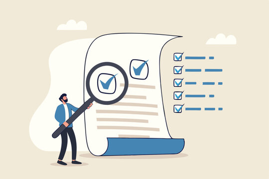 Inspect or review document, report or legal audit, quality assurance, search for document, information or research, investigate, proof or checking concept, businessman with magnifier inspect document.
