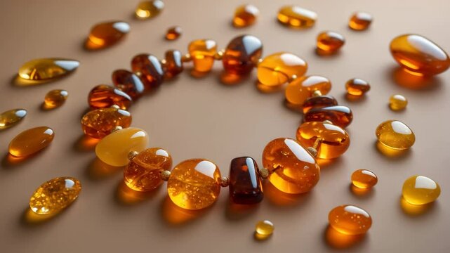 Polished orange gems framed by amber stones, natural gemstones, golden fossilized tree resin crystals, sparkling cabochon assortment, succinite set against a brown background.