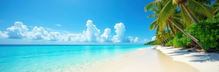 Fototapeta premium Idyllic tropical beach, turquoise water, blue sky Perfect summer vacation background , breathtaking, vacation, beach background