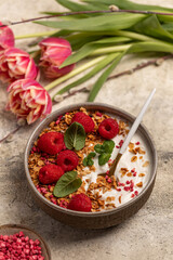 yogurt with granola, oatmeal, raspberries, mint, breakfast, Easter